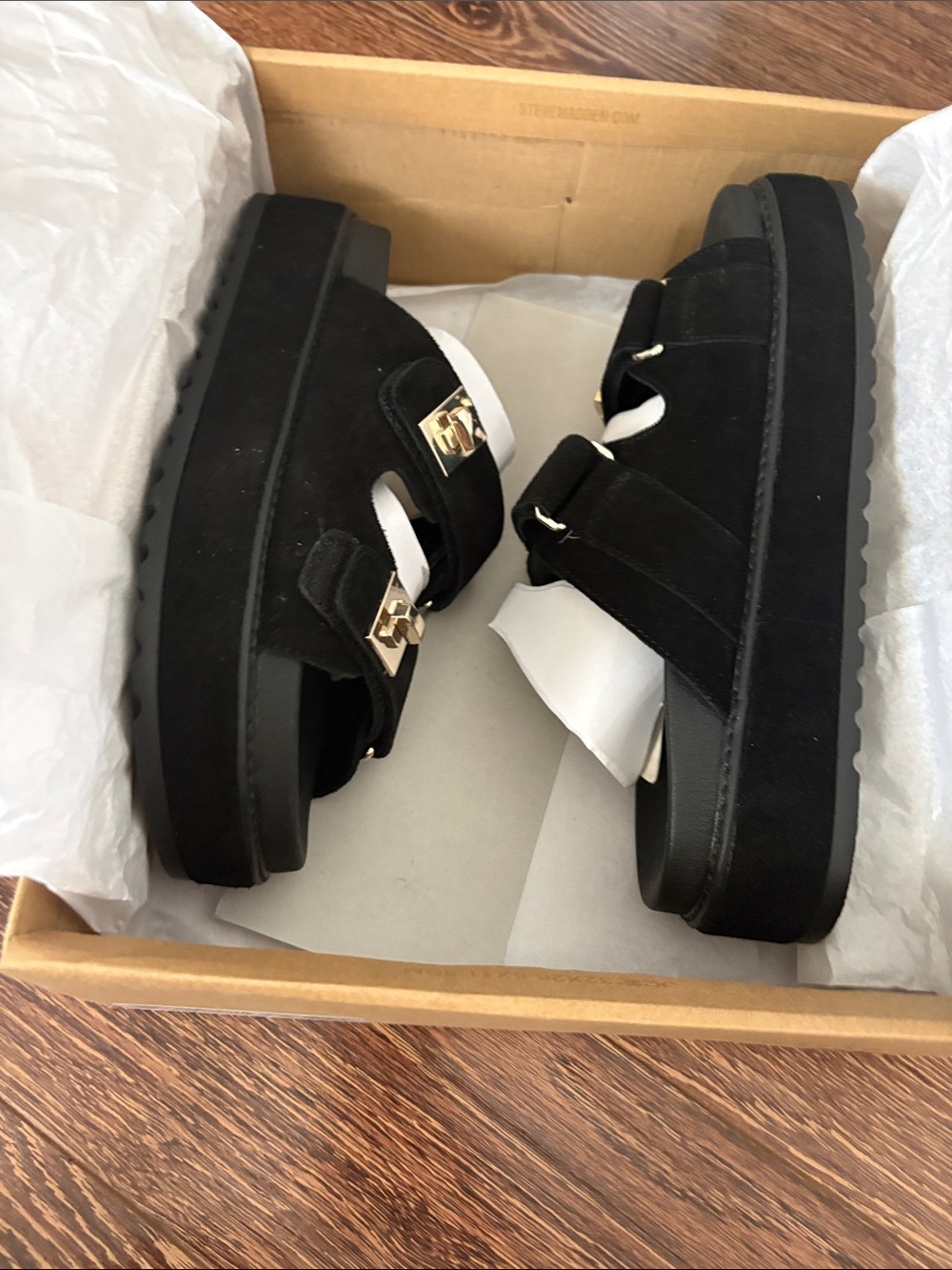 Steve Madden Black Suede Double Strap Slide Sandals with Gold Buckles - Picture 11 of 12